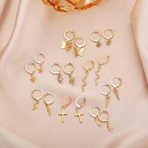 9pairs/set Star Moon Eyes Earring Set Gold Silver Color Alloy Round Circle Hoop Earrings for Women Ear Rings Party Jewelry