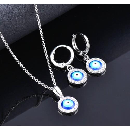 SINLEERY Unusual Hoop Earrings Rhinestone Eye Choker Necklace For Women Luck Turkey Evil Eye Jewelry Sets Lady TZ028 SSK
