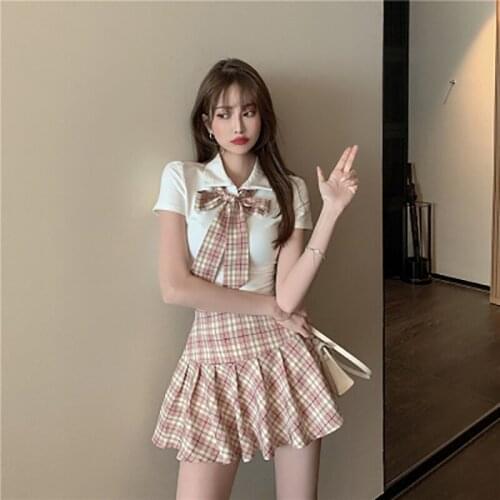 College Wind Uniform Pink Plaid Skirt Suit Women Summer 2020 New Pleated Skirt Sweet Two-piece Set To Send A Tie White T-shirt