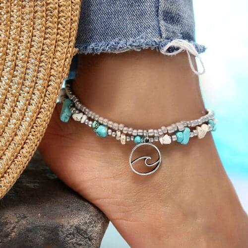 Wave Anklets For Women Multilayer Chain Antique Silver Color Beads Animal Starfish Charms Ankle Bracelet Beach Leg Foot Jewelry
