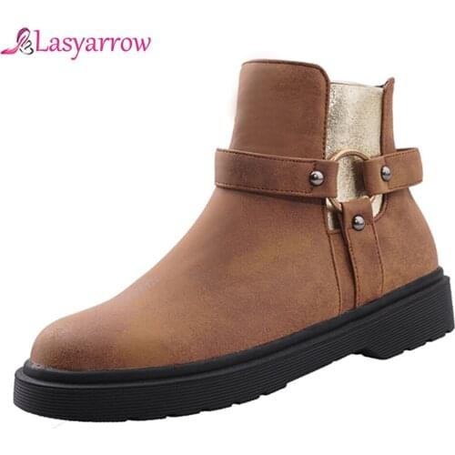 Lasyarrow 2020 Casual Round Toe PU Leather Ankle Boots Fashion Metal Decoration Square Heel Zipper Winter Women Shoes J984