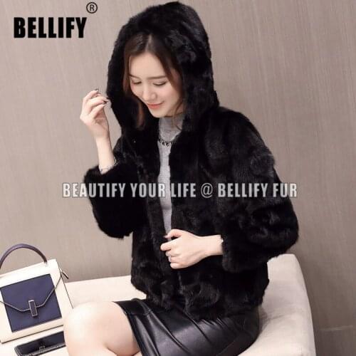 Ladies Black Color Sheared patchwork hooded Real Mink fur coats Short warm real mink jackets