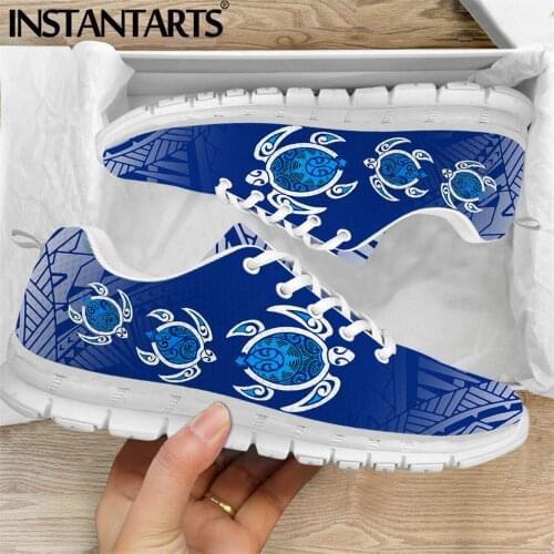 INSTANTARTS Blue Polynesian Tribal Turtle Samoa Print Women Mesh Sneakers Summer Lace Up Flats Ladies Shoes Lightweight Footwear