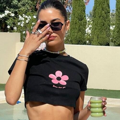 90s Vintage Flower Print Kawaii Graphic Female Y2K Art Aesthetic E-Girls Crop Top Fun Summer Harajuku Streetwear Women T-Shirt