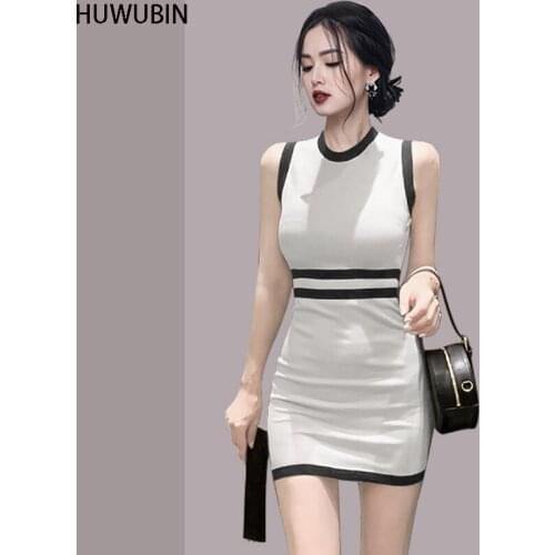 2021 Korean Summer New Womens Round Neck Stitching Color Contrast Slim Package Hip Skirt With Zipper Knitting Fashion Dress