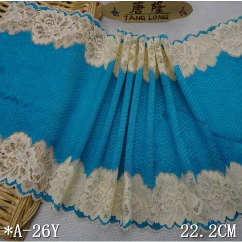 1 Meter Top Quality Thick Blue with Beige Elastic Lace Trim Applique Sewing Craft DIY Stretchy Lace Fabric 22cm Width