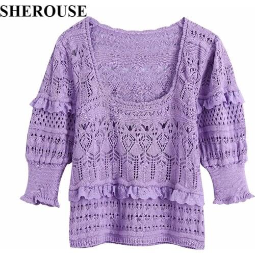 2021 Women Fashion Jacquard Mesh Ruffled Knitted Crop Top Square Collar Half Puff Sleeve Vintage Female Sweater Chic Tops