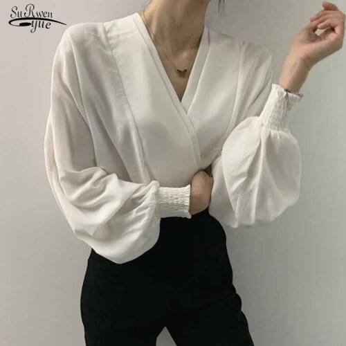V-neck Casual Blouse Women Pleated Elegant Woman Top Autumn Lantern Long Sleeve Loose White Womens Shirts Fashion Cross 16433
