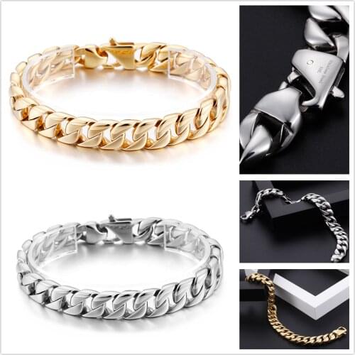 Hip Hop Bracelet Chain Stainless Steel Polished Silver Color/Gold Vintage Pattern Cuban Curb Chain Mens Boys Bracelet Bangle