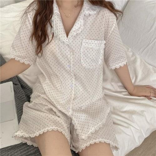 Cotton Lace Pajamas Short 2 Piece Pajamas Set Lace Sweet Sleepwear Women Summer Thin Home Clothes Korea New Style INS