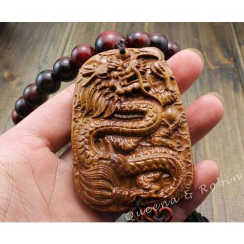 Chinese Wood Carving Dragon Statue Sculpture Prayer Beads Car Pendant Amulet