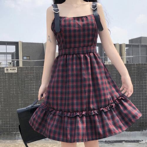Plaid Dress 2021 Summer New Japanese Sweet Ruffle Spaghetti Strap Dress For Women Gothic Hot Girl Short Dresses Female Vestidos