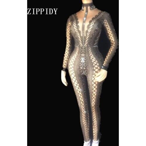 3 Colors Spandex Printed Stretch Jumpsuit Rhinestones One Piece Bodysuit Costume Stage Outfit Singer Dancer Performance Rompers