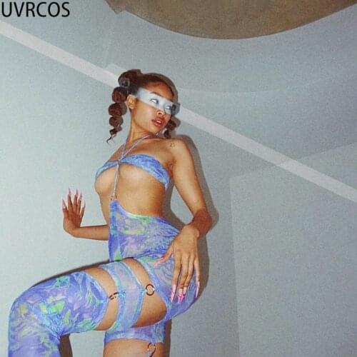 UVRCOS Mesh See Through Sexy Mujer Tie Dye Print Slim Skinny Halter Backless Sleeveless Jumpsuit Club Outfits For Womnen Bodys a