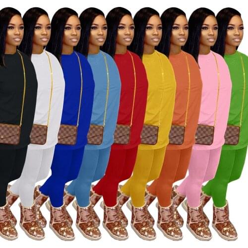 Two Piece Set Womens Wholesales Cotton Fabric Solid Color Autumn Winter Basic 9-Color Suit Club Outfits for Women