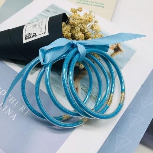 Colorful All Weather Bangle Glitter Filled Stardust Circle Women Bowknot Jelly Bangles Bracelet Femme Jewelry 5 Pcs/Set