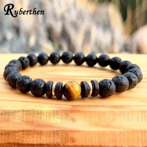 Ruberthen Mens Volcanic Lava Tiger Eye Wrist Mala Bracelet Root Chakra Personal Power Energy Bracelet