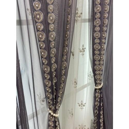 2021 New Gray Embroidered Pearl Gauze Curtain Light Luxury Modern Simple European Breathable Curtains for Living Room Bedroom