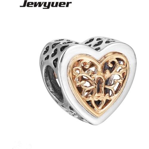 Autumn collection hearts charms 925 sterling silver jewelry with gold filigree pattern fit bead bracelets diy for women GD077