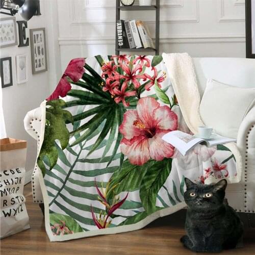 Tropical Flowers Sherpa Throw Blanket Leaves Red Green White Bedspread Tropical Plants Velvet Plush Bed Blanket 150x200