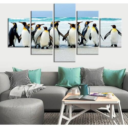 Penguins Poster Cool Feeling Fresh 5 Panel Canvas Picture Print Wall Art Canvas Painting Wall Decor for Living Room No Framed