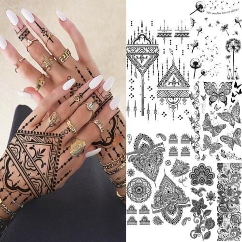 Realistic Henna Finger Lace Temporary Tattoos For Women Adult Mandala Butterfly Dandelion Fake Tattoos Body Art Waterproof Tatoo