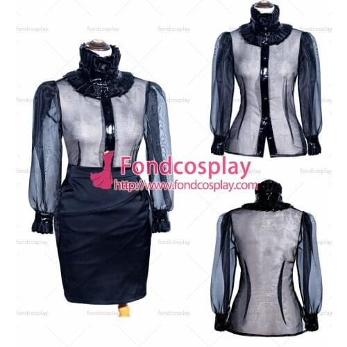 Fondcosplay adult sexy cross dressing sissy maid short French Black Satin Skirt organza shirt Uniform Costume Tailor-made[G4005]