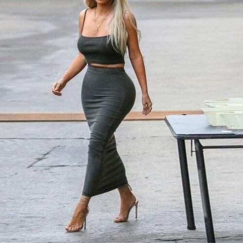 High Stretch Two-piece Summer Gray Fitness A-line Tight Skirt Womens Sexy Strapless Sling Cute Vest Soft Two-piece Suit 2021