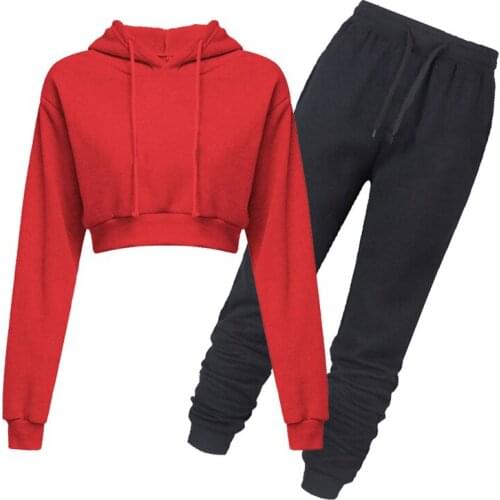 Women Sports 2 Pieces Set Tracksuits Solid Color Short Hoodie Tops+Long Pants Casual Loose Sweatshirts Pullover Outfits