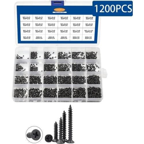 1200PCS/Box M1.2 M1.4 M1.5 M1.7 M2 Black Carbon Steel Plated Countersunk Flat Head Tapping Screws Cross Recessed Assortment Kit