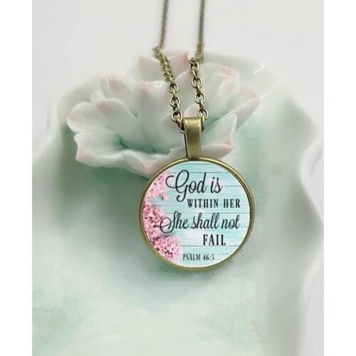 Gods In Her Necklace, Charm Glass Pendant Necklace, Faithful Charm Necklace, God In Her Heart She Will Not Fail Letter Necklace