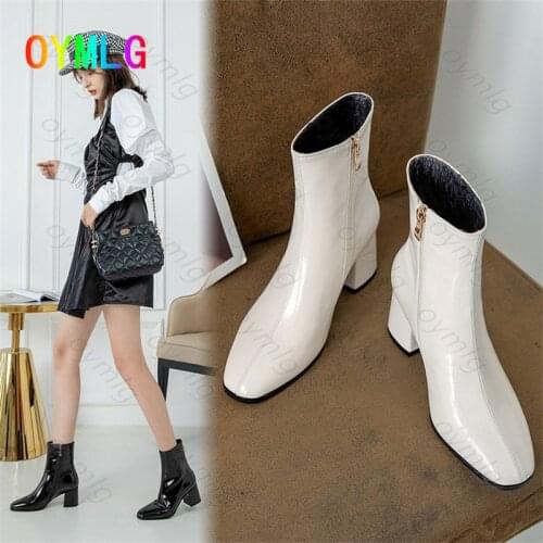 Short boots womens thick heel side zipper high heel patent leather Martin boots 2021 spring autumn new square toe retro boots