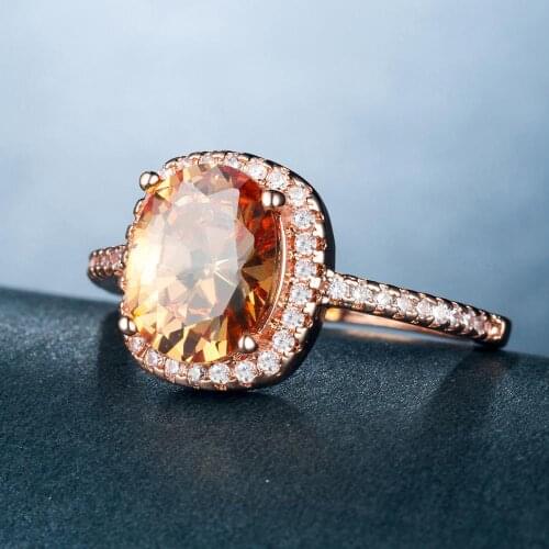 Huitan Fashion Party Ring with Oval Shape Champagne CZ Prong Setting Rose Gold Color Wedding Anniversary Rings for Women & Lover