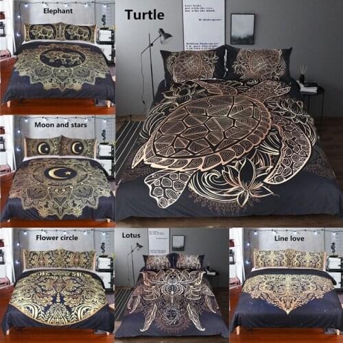 Golden Mandala Tutle Duvet Cover Black Flowers Star Moon Bedding Set Dark Blue Soft Quilt Cover Single 3 Pcs Bed Cover