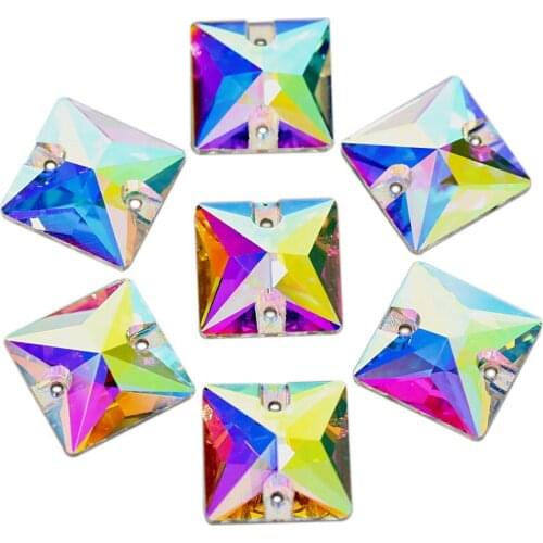 AAAA Quality Crystal AB Square Sew On Rhinestones Flatback Glass Strass Gold Champagne Sew-on Rhinestone For Wedding Dress B0997