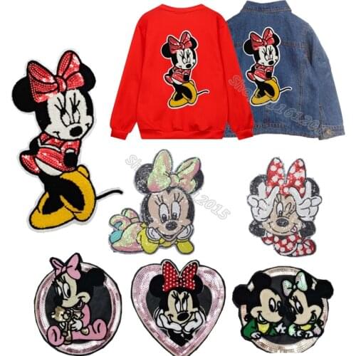 Mickey Mouse Sequins Patch Minnie Embroidered Bead Clothes Patches Disney Cloth Stickers Shirt Jean Pants Clothing Accessories