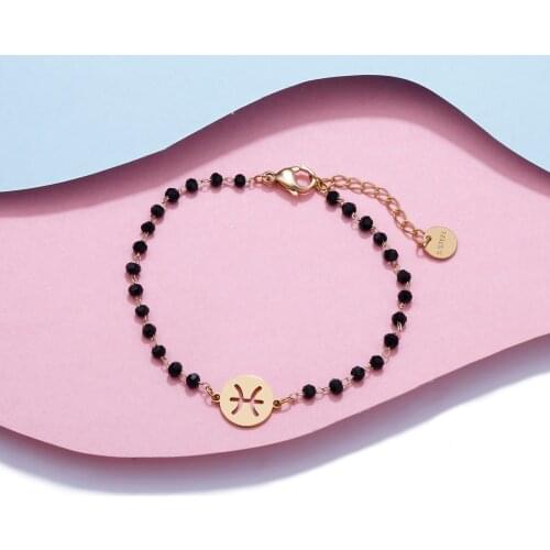 Stainless Steel Round Hollow 12 Constellation Zodia Sign Bracelet For Women Crystal Beads Chain Bracelets Gold Fashion Jewelry