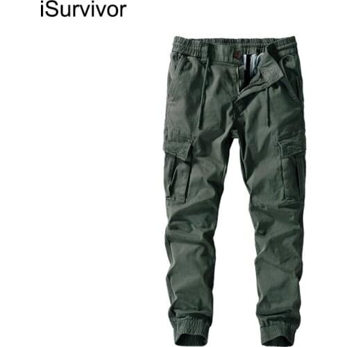ISurvivor 2021 New Mens Solid Color Pure Cotton Japanese Loose-fitting Sports Pants Elastic Waist Belt Drawstring Casual Overal