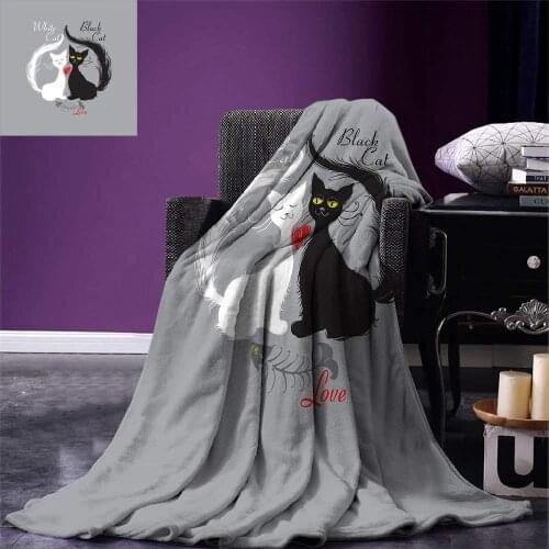 Cat Throw Blanket Pair of Cats in Love Having Eaten Fish Red Heart Romantic Black and White Kitties Warm Microfiber