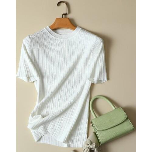 Solid Knitted Elastic Women T-Shirts Summer New 2021 O-Neck Short-Sleeved Casual All Match Female Pulls Outwear Tops Tees