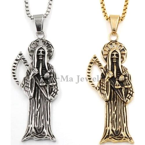 Stainless Steel Gold Chain Sickle Holy Saint Death Santa Skull Biker Pendant Necklace 24inch