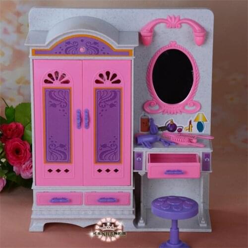 For Barbie Doll Furniture Accessories Plastic Toy With Light Dressing Table Wardrobe Wardrobe Set Play Holiday Gift Girl DIY