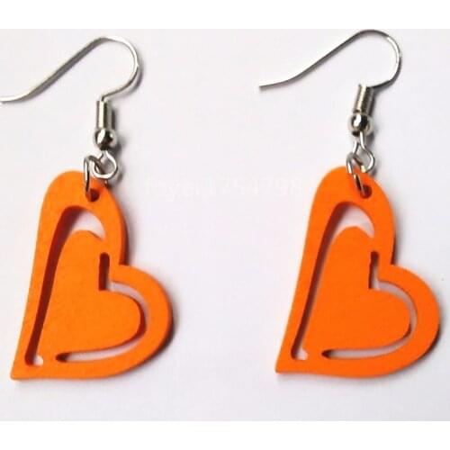 Colorful Carving wood Heart Earrings Handmade Red Green Blue Orange Earrings Laser Cut eco Friendly Wooden Bird Jewelry