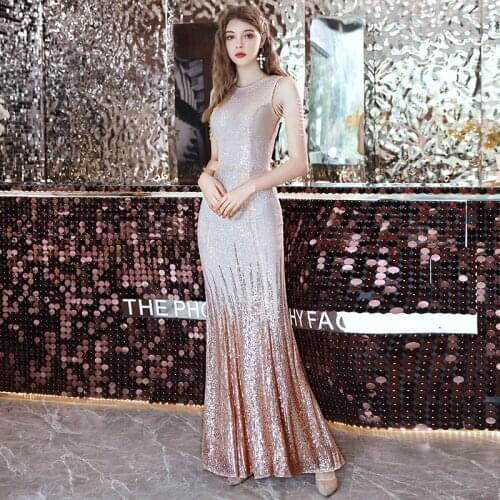 Sequins Sleeveless Evening Dresses O-Neck Simple Ruched Mermaid Elegant Floor-length Plus size Women Formal Party Dress C1103