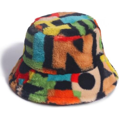 New Outdoor Multicolor Rainbow Faux Fur Letter Pattern Bucket Hats Women Winter Soft Warm Gorros Mujer fishing zebra Fashion