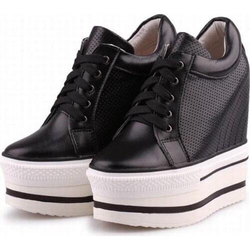 Fashion ultra high platform sheepskin women spring summer cut-outs breathable wedges Invisible height increasing casual shoes