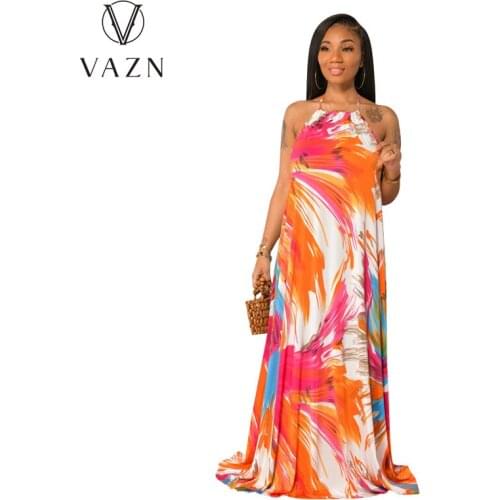 VAZN 2021 Top Quality Bohemian Free Fashion Retro Print Chiffon Halter Off Shoulder Dress Sexy Womens Nature Loose Maxi Dress
