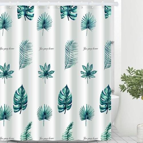 Natural Green Leaves White Shower Curtain Set with 12 Hooks Bathroom Decoration