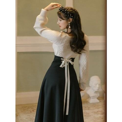 Winter Women Two Piece Set Vintage White Long Sleeve Pullover Sweater & Black Bandage Long Maxi Skirt Suit Elegant Lady Outfits