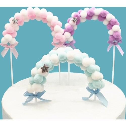 1Pc Creative Arch Hair Ball Cake Topper Happy Birthday party Dessert Decoration For Baby shower DIY Cake Top Flags supplies